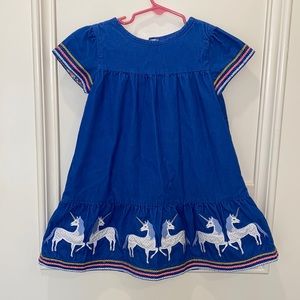 Mini Boden girls blue corduroy dress with floral lining. SIZE 4-5